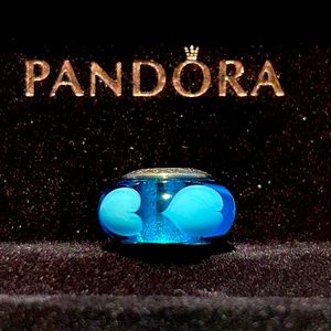 PANDORA - Aqua Blue Hearts Murano Glass Bead -(SS) (Retired)